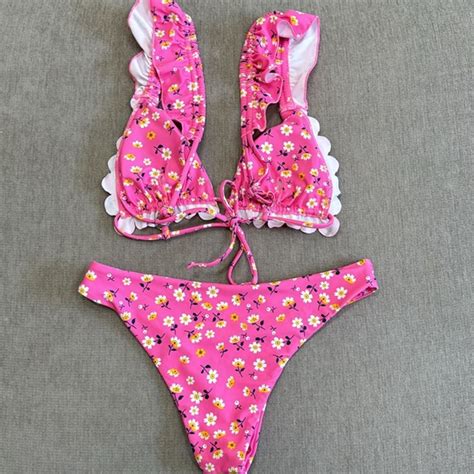 Shein Swim Pink Floral Ruffle Bikini Set Poshmark