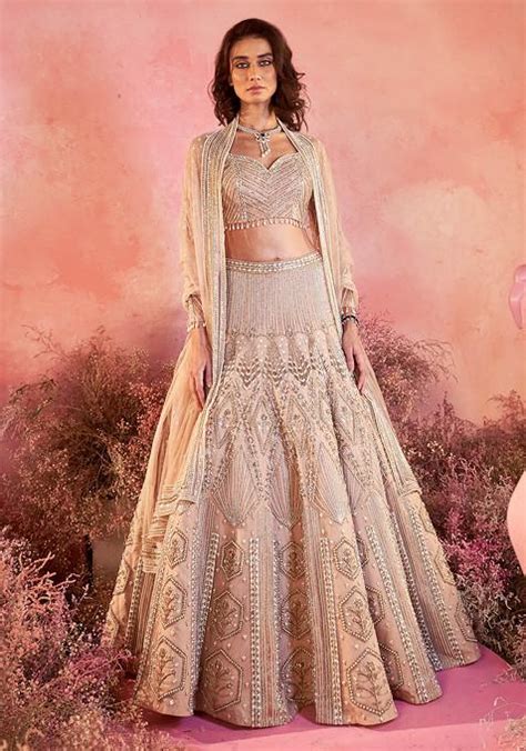 Buy Women Nude Pink Sanjh Embroidered Lehenga Set WLL Luxury Designers Indya