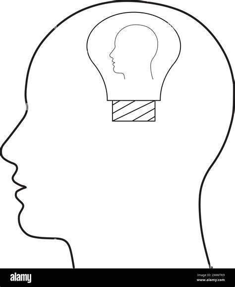 Illustration of human head with new idea light bulb Black and White