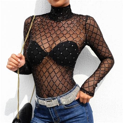 Sexy mulheres topos cristal fishnet bodysuit malha sheer ver através de