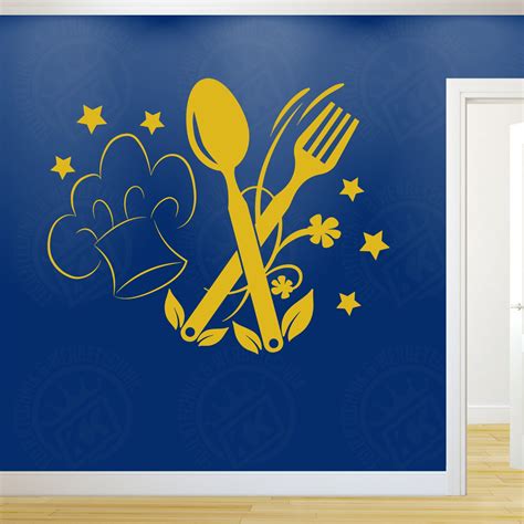 Sticker mural cuisine cuisine murale cuillère en bois toque fourchette