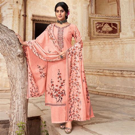 Peach Floral Printed With Embroidered Pure Cotton Palazzo Suit