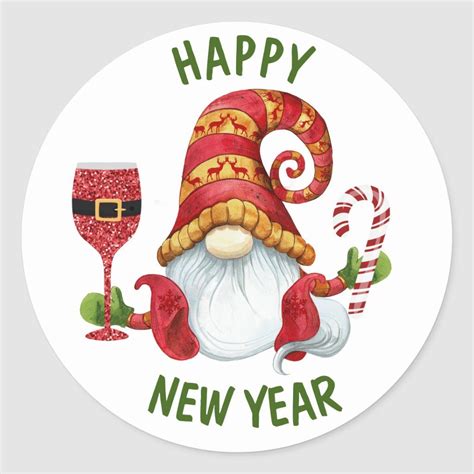 Funny New Year Party Gnome Classic Round Sticker Zazzle