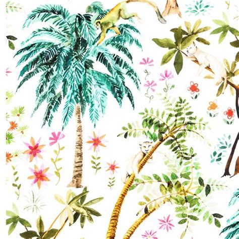 Light Jungle Trees Palms With Monkeys Fabric By Stof France Modes U