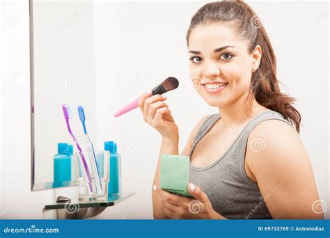 Cute Girl Putting Blush On Her Face Stock Image Image Of Home