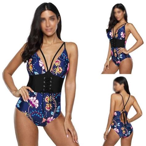 Femme Maillot de bain une pièce Bleu Fleur Imprimé Tankini string Bikini Push Up Grande Taille
