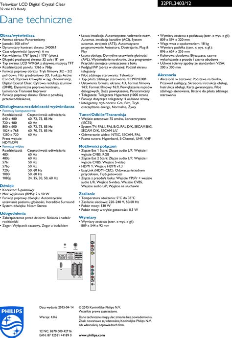 Philips 32PFL3403/12 Leaflet 32PFL3403_12 Released Poland (Polish) User ...