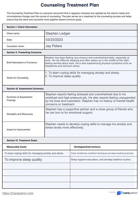 Counseling Treatment Plan And Example Free Pdf Download