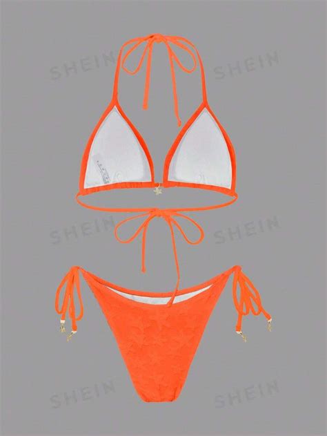 SHEIN Swim Conjunto de Maiô Bikini Halter Pescoço Amarração Cor Sólida Feminino Conjunto de