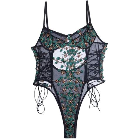 5 Mo Finance Lilosy Women Sexy Lace Up Floral Embroidered Teddy Lingerie Bodysuit Top Mesh