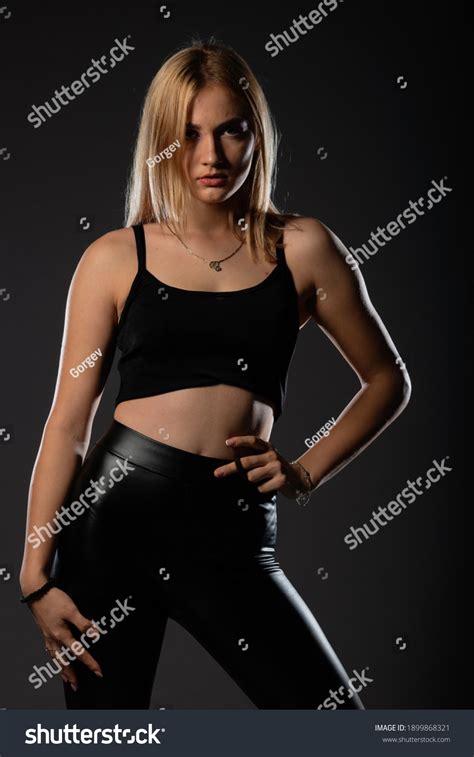 Sexy Blonde Leather Black Pants Going Stock Photo 1899868321 Shutterstock