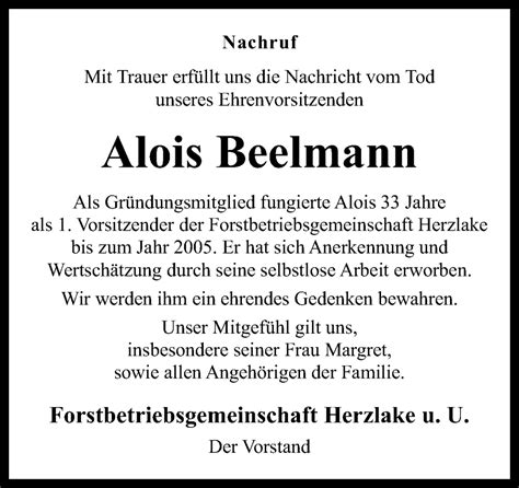 Traueranzeigen Von Alois Beelmann Noz Trauerportal