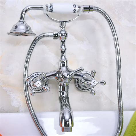 Polished Chrome Brass Double Cross Handles Wall Mounted Bathroom Clawfoot Bathtub Tub Faucet