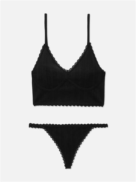 Womens Black Seamless Pointelle Longline Bralette And Thong Set Primark