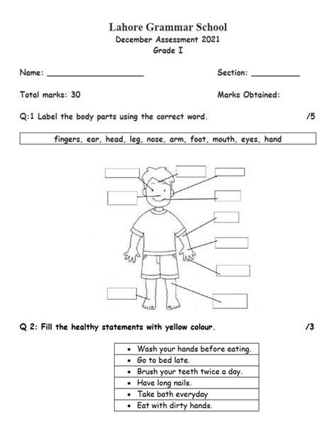 Science Grade 1 Dec Test Pdf Senses Foods