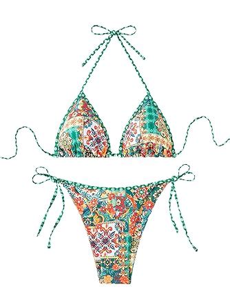 Amazon BEAUDRM Women S Piece Floral Bikini Boho Halter Triangle Bikini Set Tie Back