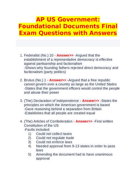 Ap Us Government Foundational Documents Final Exam Questions And