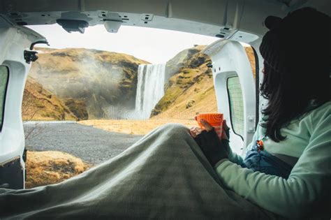 Tourist Woman Traveler Visit Enjoy Skogafoss Views With Open Door