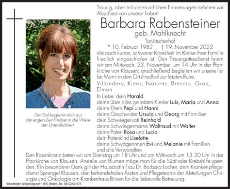 Traueranzeigen Von Barbara Rabensteiner Trauer Bz