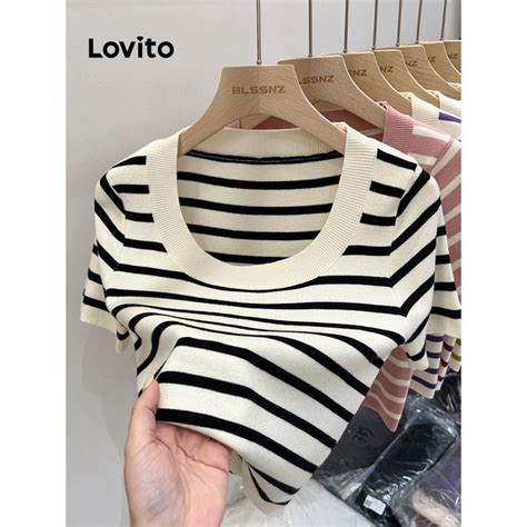 Lovito Camiseta Feminina Casual Listrada Em Malha Canelada LNL46138