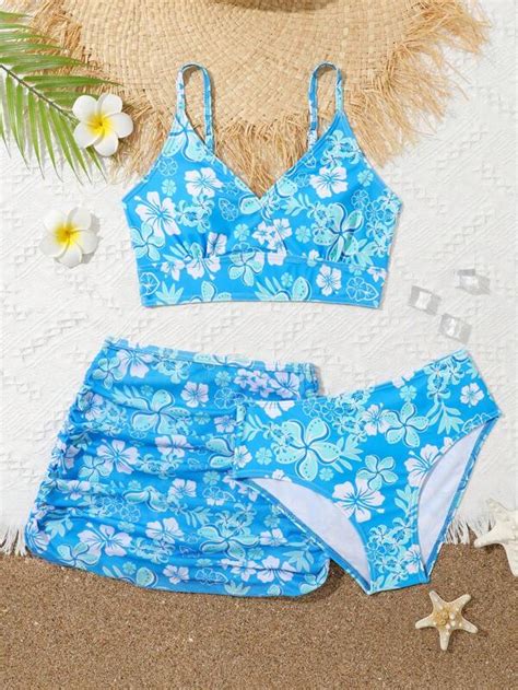 Chica Preadolescente Ba Ador Bikini Con Estampado Floral Con Falda De Playa Moda De Mujer