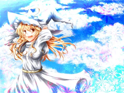 Blonde Hair Blush Braids Clouds Dress Flowers Hat Kirisame Marisa Long Hair Ribbons Sky Touhou