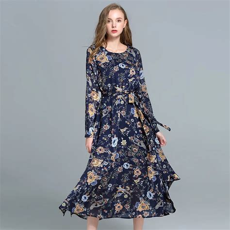 2019 Spring Autumn Women Floral Print Long Dresses Plus Size O Neck