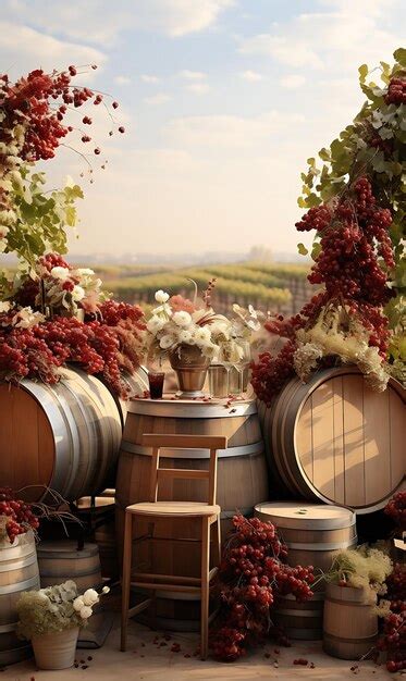 Premium AI Image | Wallpaper of Rolling Vineyard Grapevines Wine Barrel Chair Wine Bottles W ...