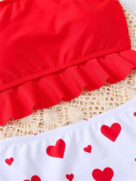 SHEIN Maiô Bikini Estampa de Coração para Meninas Pré Adolescentes no Dia dos Namorados
