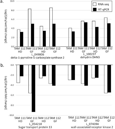 RT-qPCR validation of gene expression for two up regulated (a) and two ...