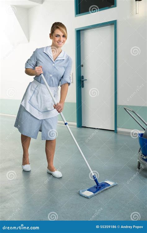 Happy Female Janitor Holding Mop Stock Photo - Image of equipment ...