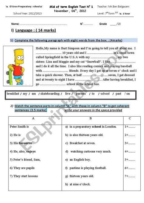 Th Form Mid Of Term Test Esl Worksheet By Hafedhenglish In