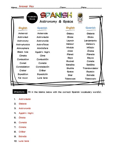 Spanish Astronomy Space Vocabulary Word List Worksheet Answer Key