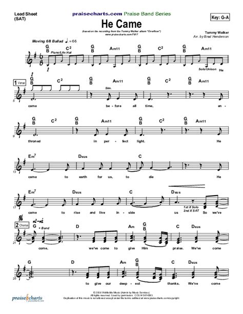 He Came Sheet Music Pdf Tommy Walker Praisecharts