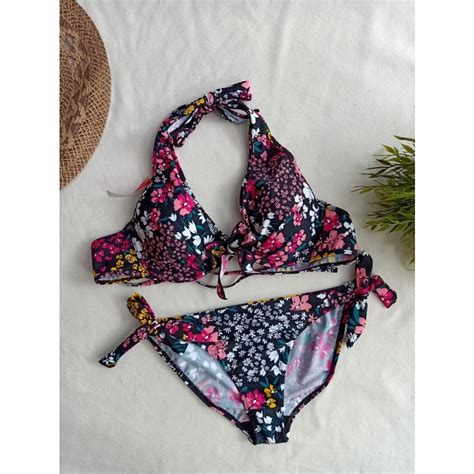 Jual Pakaian Renang Wanita Bikini Pantai Motif Hitam Bunga Warna Warni Shopee Indonesia