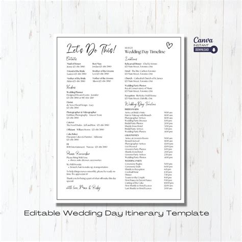 Editable Wedding Day Timeline Template Printable Wedding Itinerary