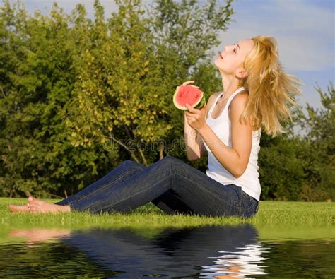 Blonde Eats Watermelon In The Park Stock Image Image Of Female Adult 7696497