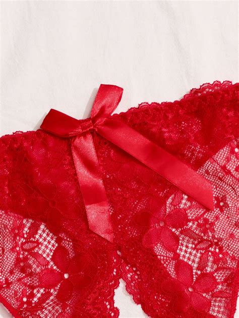 Classic Sexy Culotte de lingerie à nœud fleuri en dentelle avec ouverture entre les jambes