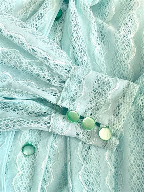 Original 1960s 70s Pale Blue Lace Pussy Bow Tie Blouse Gem