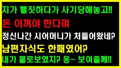 실화사연 지가 뻘짓하다가 사기당해놓고 돈 아껴야 한다며 정신나간 시어머니가 처들어왔네 남편자식도 한패였어 내가