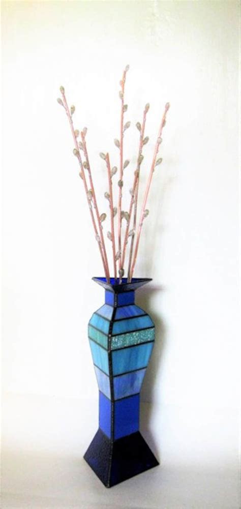 Pussy Willows In Large Modern Blue Vase Stained Glass And Flame Worked 3D Glass Sculpture Etsy
