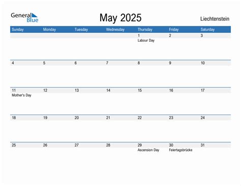 Editable May 2025 Calendar with Liechtenstein Holidays