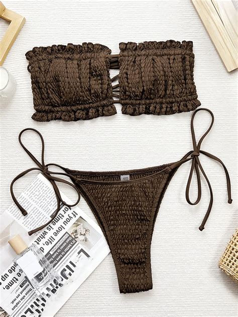 Bandeau Pleated Ruched High Leg Cut Bikini Women Swimwear Female Swimsuit Two Pieces Bikini Set