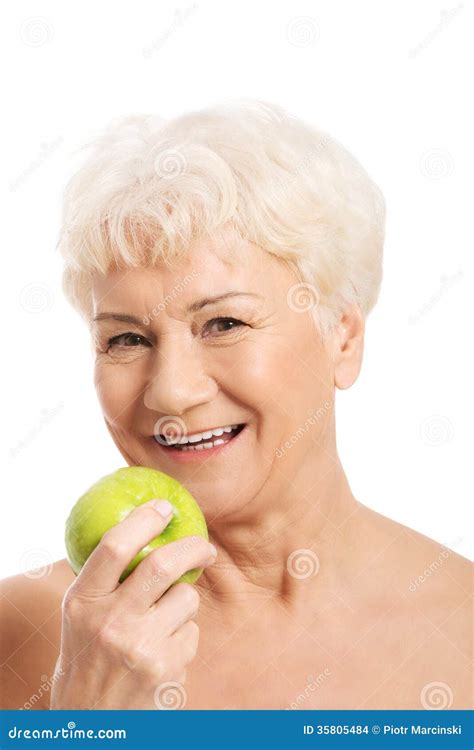 Nude Old Woman Holding And Apple Stock Photo Image Of Body Fruits