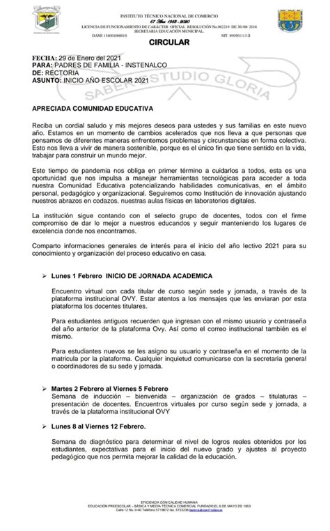 Circular Inicio De A O Escolar Dirigida A Padres De Familia Instituto