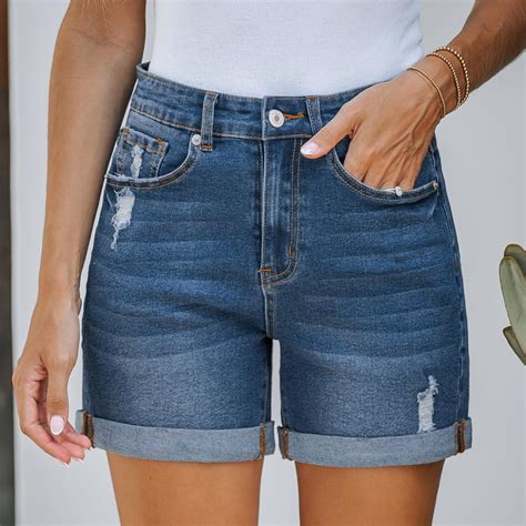 HaoXianJian Women S Casual Hight Waist Cut Off Ripped Hot Pants Straight Leg Stretch Denim