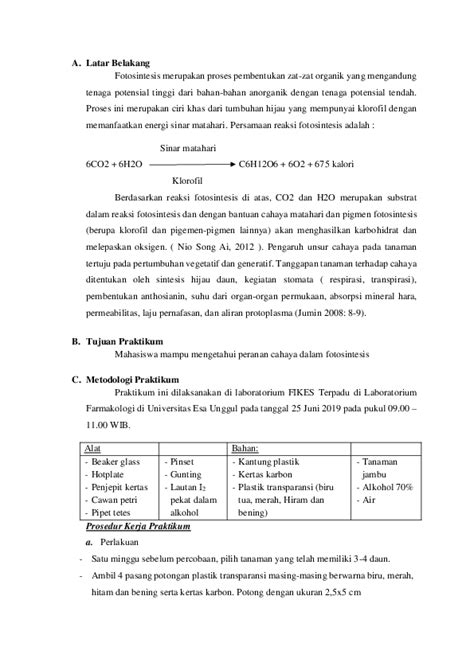 Pdf Laporan Praktikum Percobaan Fotosintesis