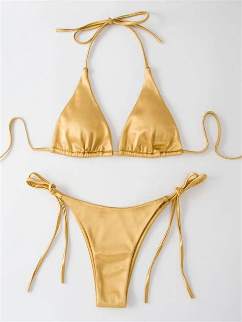 Sexy Women S Metallic Halter Top Two Piece Swimsuit Tie Side Triangle Bikini Summer Solid
