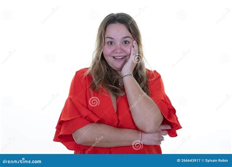 Amused Curvy Woman Joyful Pretty Blonde Girl Looking Joy Smiling Exciting Surprise On White