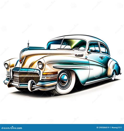 Classic Car, Color Ink Paint Style on White Background Stock Image